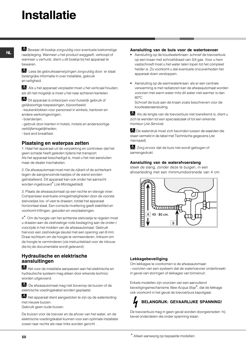 Installatie, Plaatsing en waterpas zetten, Hydraulische en elektrische aansluitingen | Hotpoint Ariston LFT7 H204 HX User Manual | Page 50 / 84