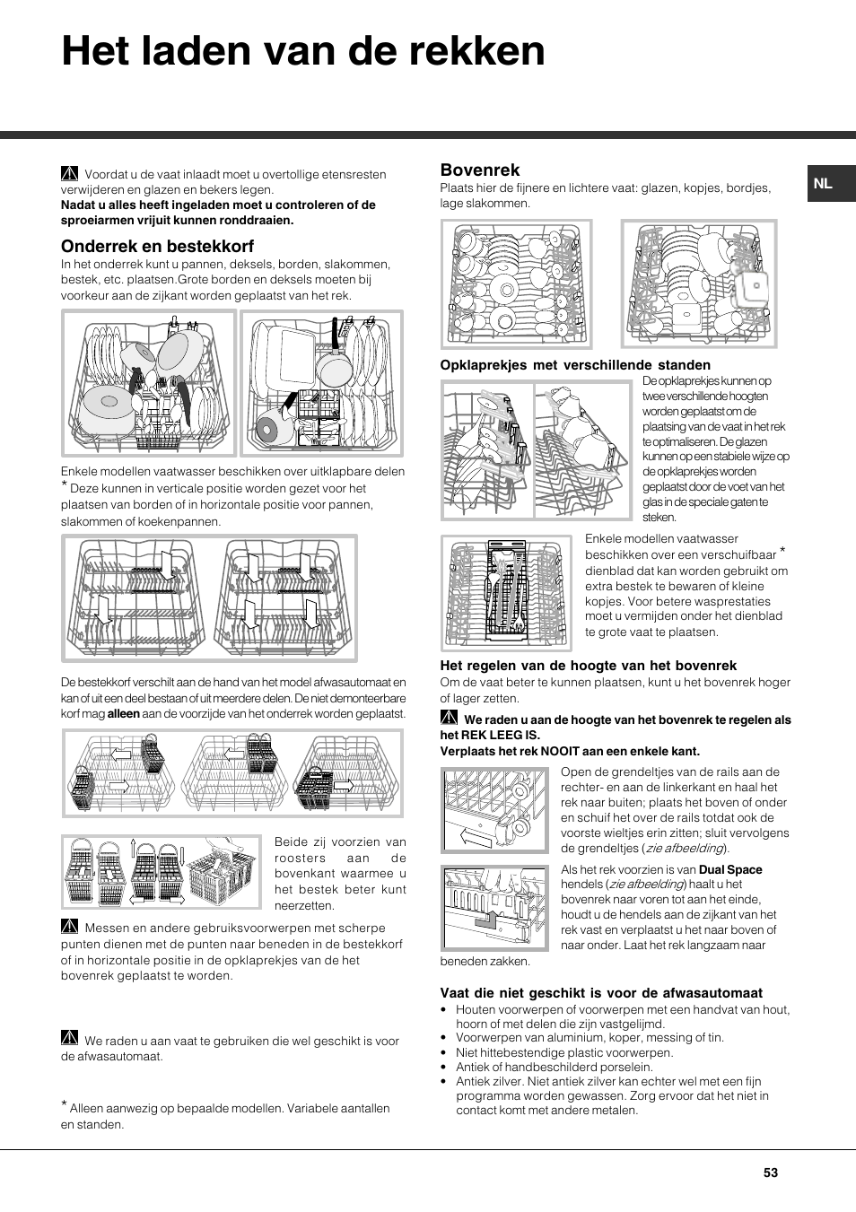 Het laden van de rekken, Onderrek en bestekkorf, Bovenrek | Hotpoint Ariston LFT7 H204 HX User Manual | Page 53 / 84