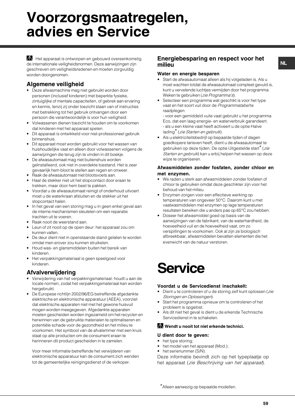 Voorzorgsmaatregelen, advies en service, 5ahle?a, Algemene veiligheid | Afvalverwijdering, Energiebesparing en respect voor het milieu | Hotpoint Ariston LFT7 H204 HX User Manual | Page 59 / 84