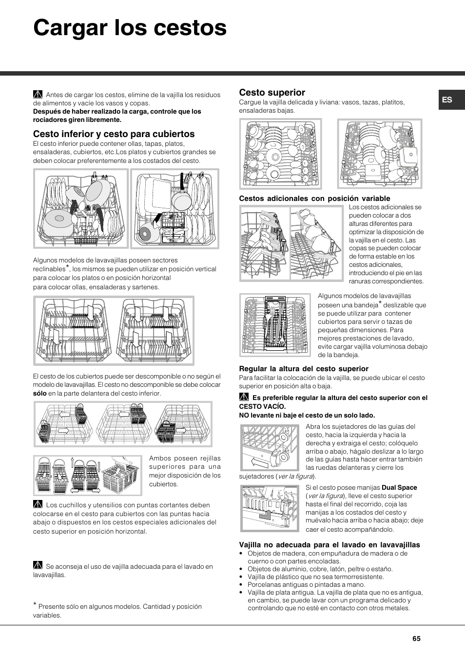 Cargar los cestos, Cesto inferior y cesto para cubiertos, Cesto superior | Hotpoint Ariston LFT7 H204 HX User Manual | Page 65 / 84