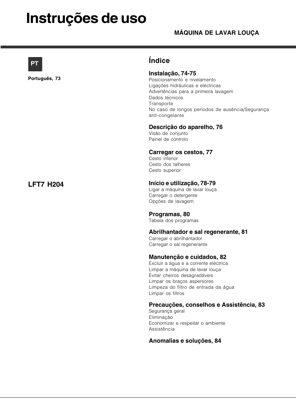 Instruções de uso, Índice, Lft7 h204 | Hotpoint Ariston LFT7 H204 HX User Manual | Page 73 / 84