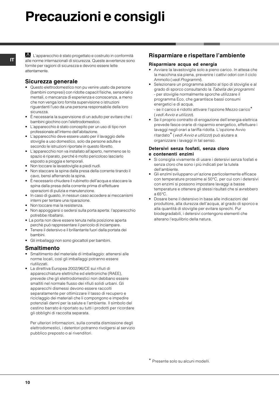 Precauzioni e consigli, Sicurezza generale, Smaltimento | Risparmiare e rispettare lambiente | Hotpoint Ariston LFS 115 A IX-HA User Manual | Page 10 / 84
