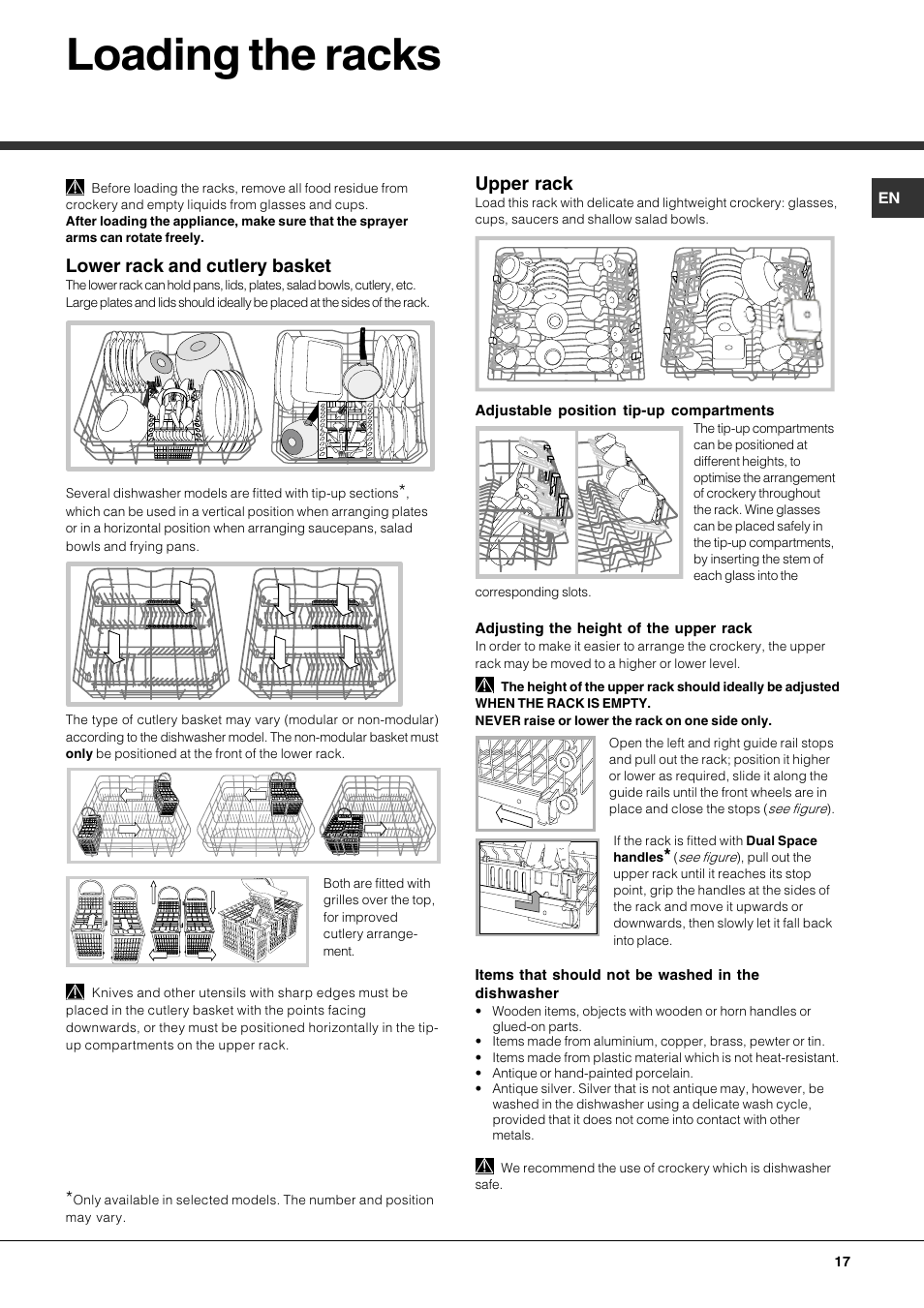Loading the racks, Lower rack and cutlery basket, Upper rack | Hotpoint Ariston LFS 115 A IX-HA User Manual | Page 17 / 84