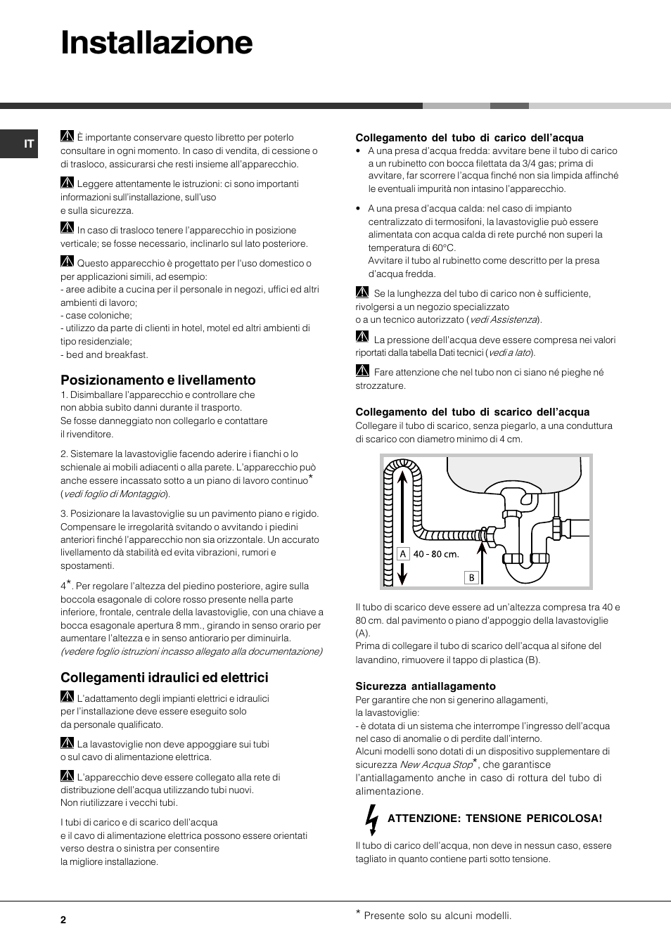 Installazione, Posizionamento e livellamento, Collegamenti idraulici ed elettrici | Hotpoint Ariston LFS 115 A IX-HA User Manual | Page 2 / 84