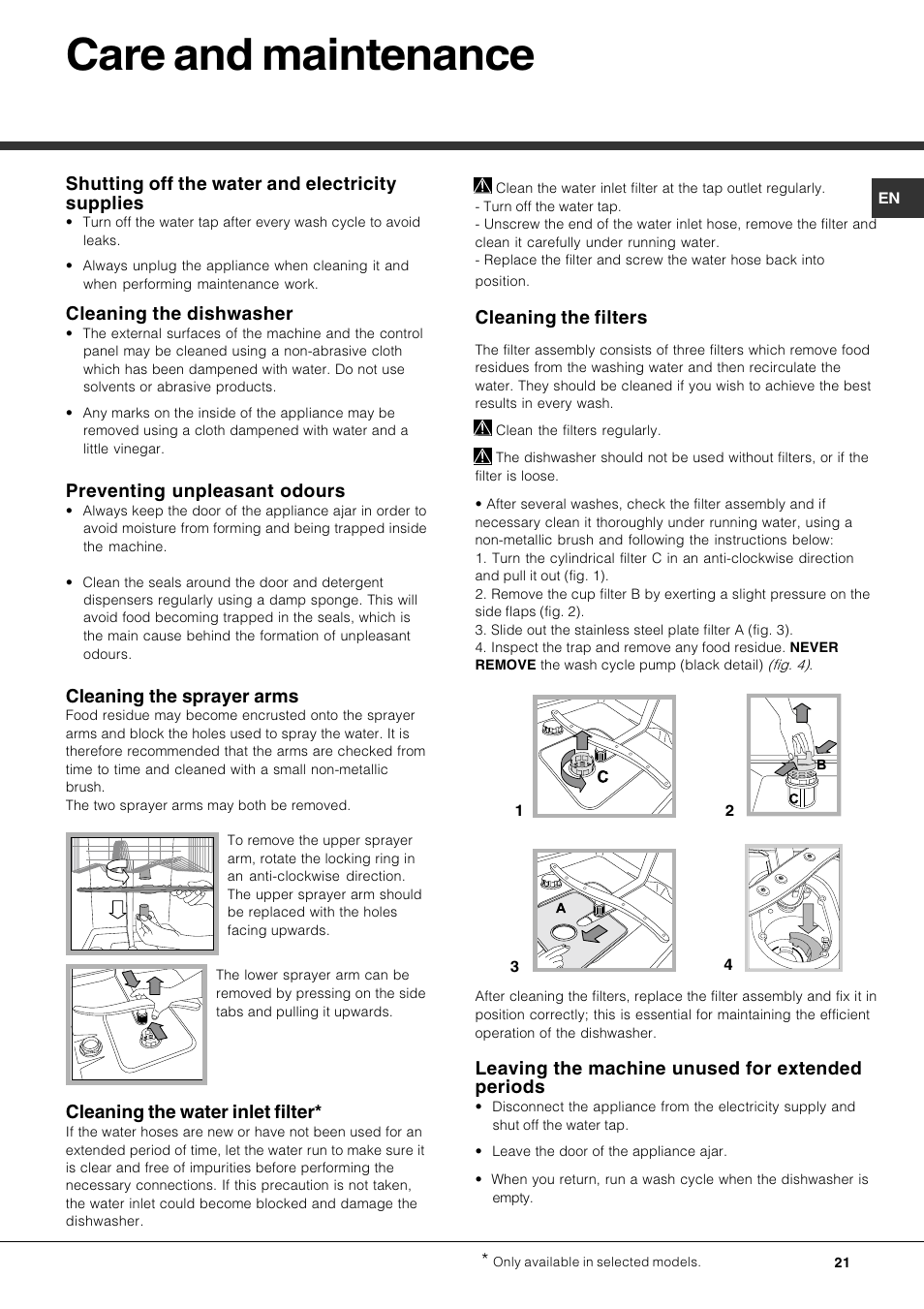 Care and maintenance, Shutting off the water and electricity supplies, Cleaning the dishwasher | Preventing unpleasant odours, Cleaning the sprayer arms, Cleaning the water inlet filter, Cleaning the filters, Leaving the machine unused for extended periods | Hotpoint Ariston LFS 115 A IX-HA User Manual | Page 21 / 84
