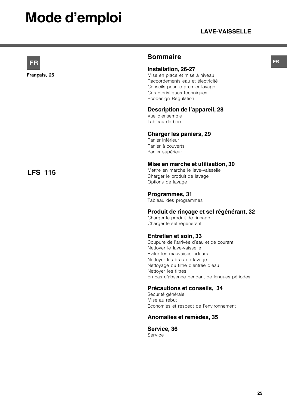 Mode demploi, Sommaire, Lfs 115 | Hotpoint Ariston LFS 115 A IX-HA User Manual | Page 25 / 84