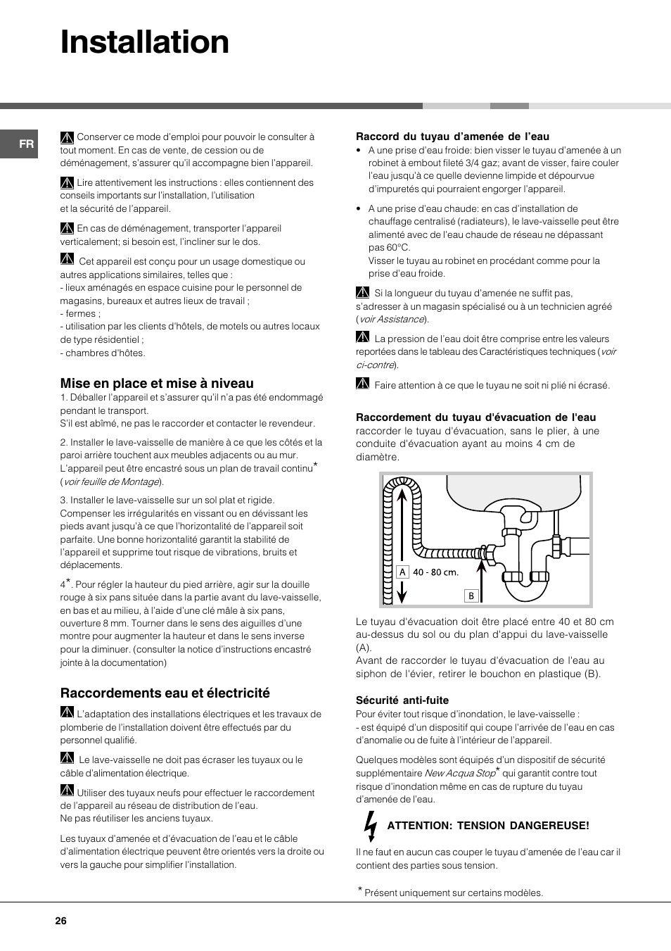 Installation, Mise en place et mise à niveau, Raccordements eau et électricité | Hotpoint Ariston LFS 115 A IX-HA User Manual | Page 26 / 84