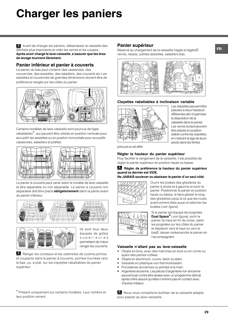 Charger les paniers, Panier inférieur et panier à couverts, Panier supérieur | Hotpoint Ariston LFS 115 A IX-HA User Manual | Page 29 / 84