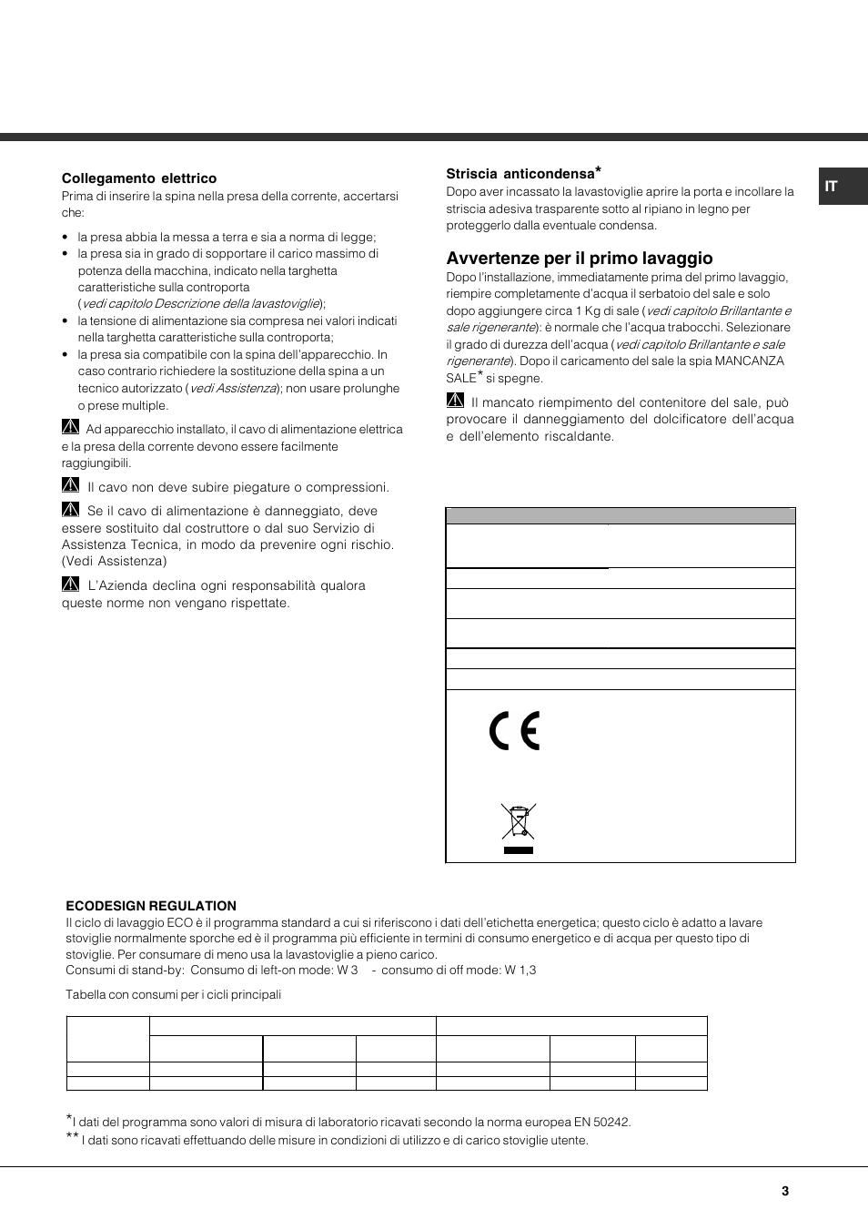 Avvertenze per il primo lavaggio | Hotpoint Ariston LFS 115 A IX-HA User Manual | Page 3 / 84