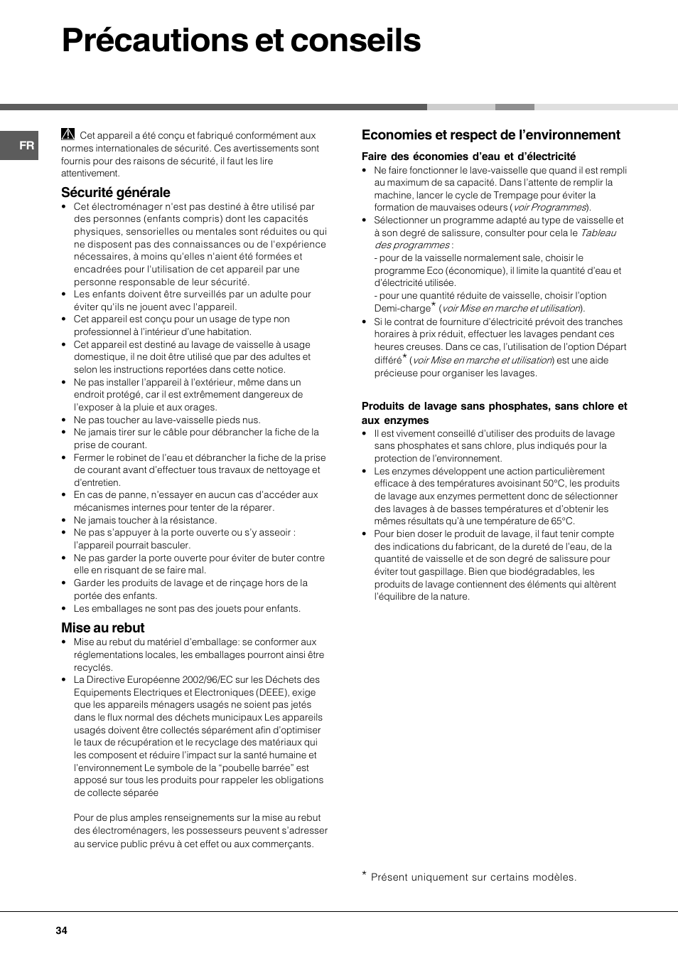 Précautions et conseils, Sécurité générale, Mise au rebut | Economies et respect de lenvironnement | Hotpoint Ariston LFS 115 A IX-HA User Manual | Page 34 / 84