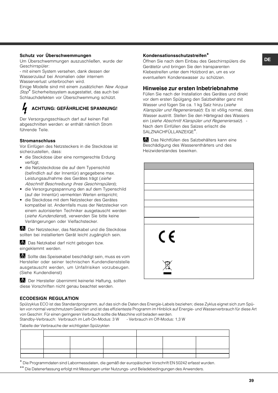 Hinweise zur ersten inbetriebnahme | Hotpoint Ariston LFS 115 A IX-HA User Manual | Page 39 / 84