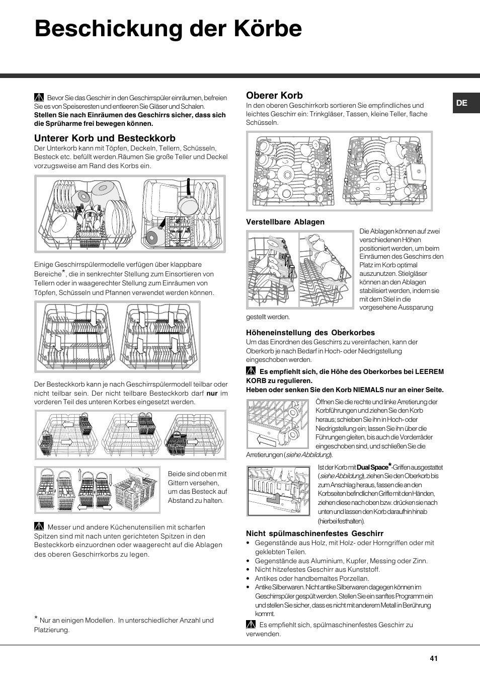 Beschickung der körbe, Unterer korb und besteckkorb, Oberer korb | Hotpoint Ariston LFS 115 A IX-HA User Manual | Page 41 / 84