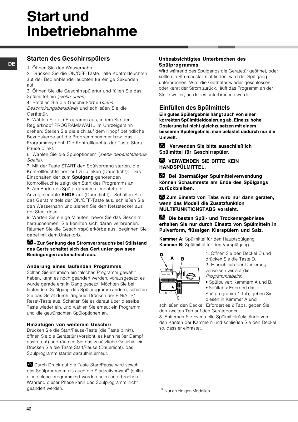 Start und inbetriebnahme, Einfüllen des spülmittels, Starten des geschirrspülers | Hotpoint Ariston LFS 115 A IX-HA User Manual | Page 42 / 84