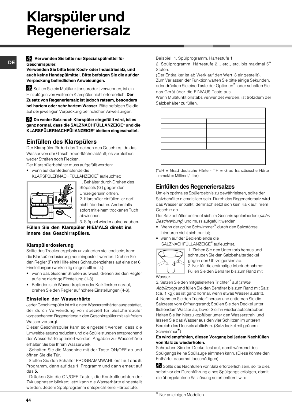 Klarspüler und regeneriersalz, Einfüllen des klarspülers, Einfüllen des regeneriersalzes | Hotpoint Ariston LFS 115 A IX-HA User Manual | Page 44 / 84