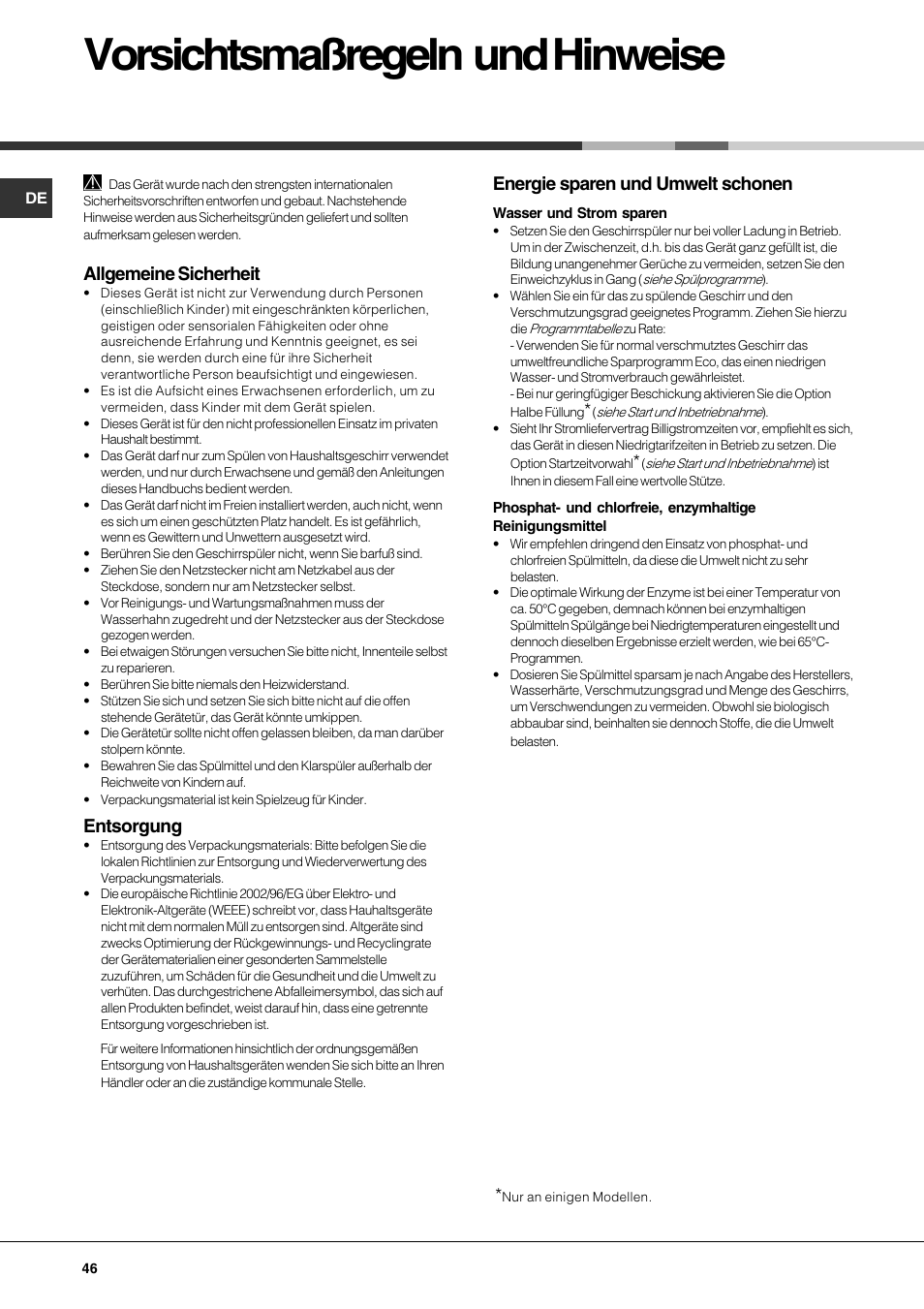 Vorsichtsmaßregeln und hinweise, Allgemeine sicherheit, Entsorgung | Energie sparen und umwelt schonen | Hotpoint Ariston LFS 115 A IX-HA User Manual | Page 46 / 84