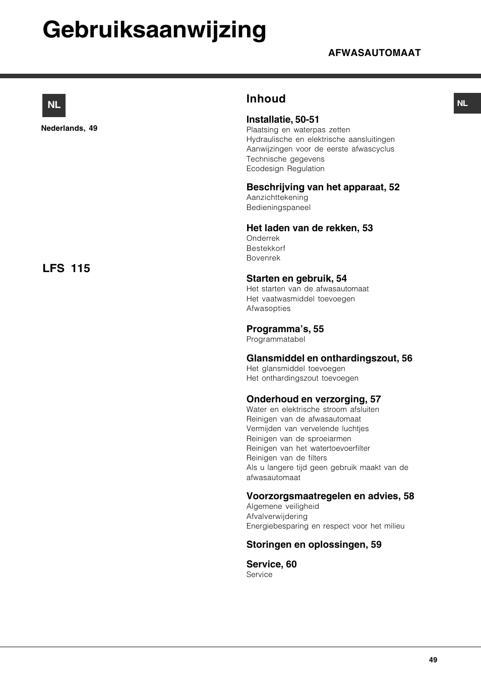 Gebruiksaanwijzing, Inhoud, Lfs 115 | Hotpoint Ariston LFS 115 A IX-HA User Manual | Page 49 / 84