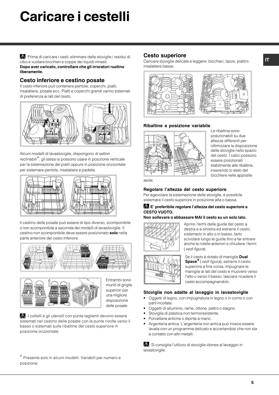 Caricare i cestelli, Cesto inferiore e cestino posate, Cesto superiore | Hotpoint Ariston LFS 115 A IX-HA User Manual | Page 5 / 84