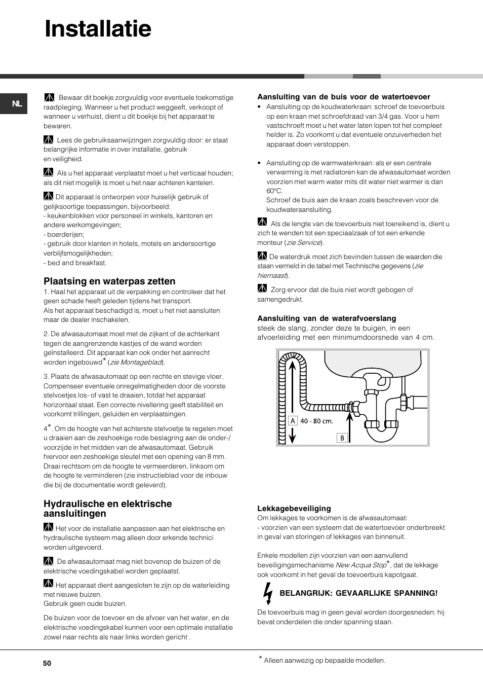 Installatie, Plaatsing en waterpas zetten, Hydraulische en elektrische aansluitingen | Hotpoint Ariston LFS 115 A IX-HA User Manual | Page 50 / 84