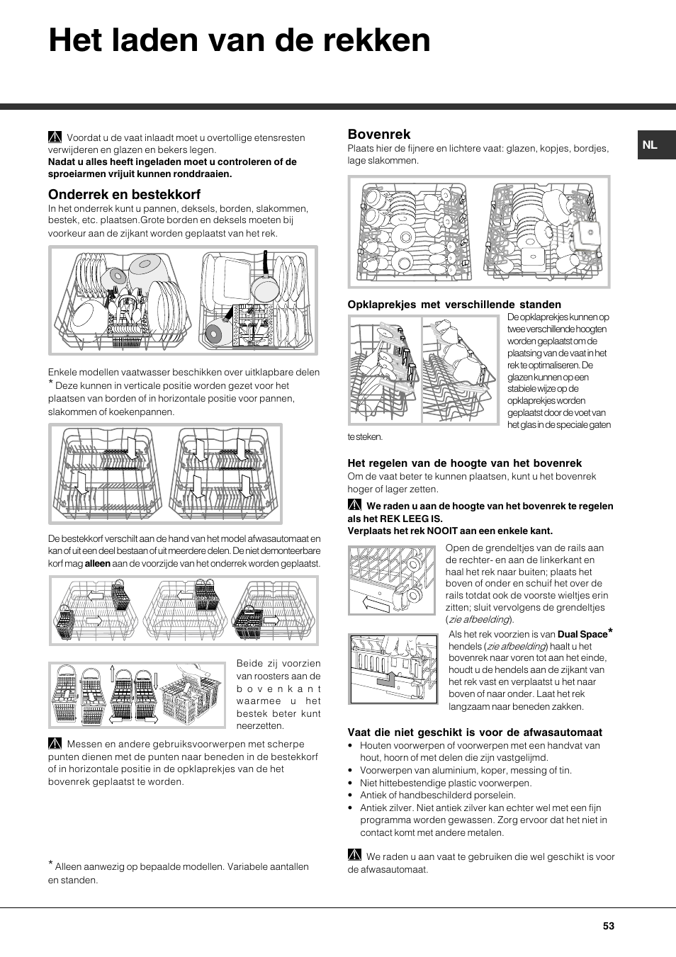 Het laden van de rekken, Onderrek en bestekkorf, Bovenrek | Hotpoint Ariston LFS 115 A IX-HA User Manual | Page 53 / 84