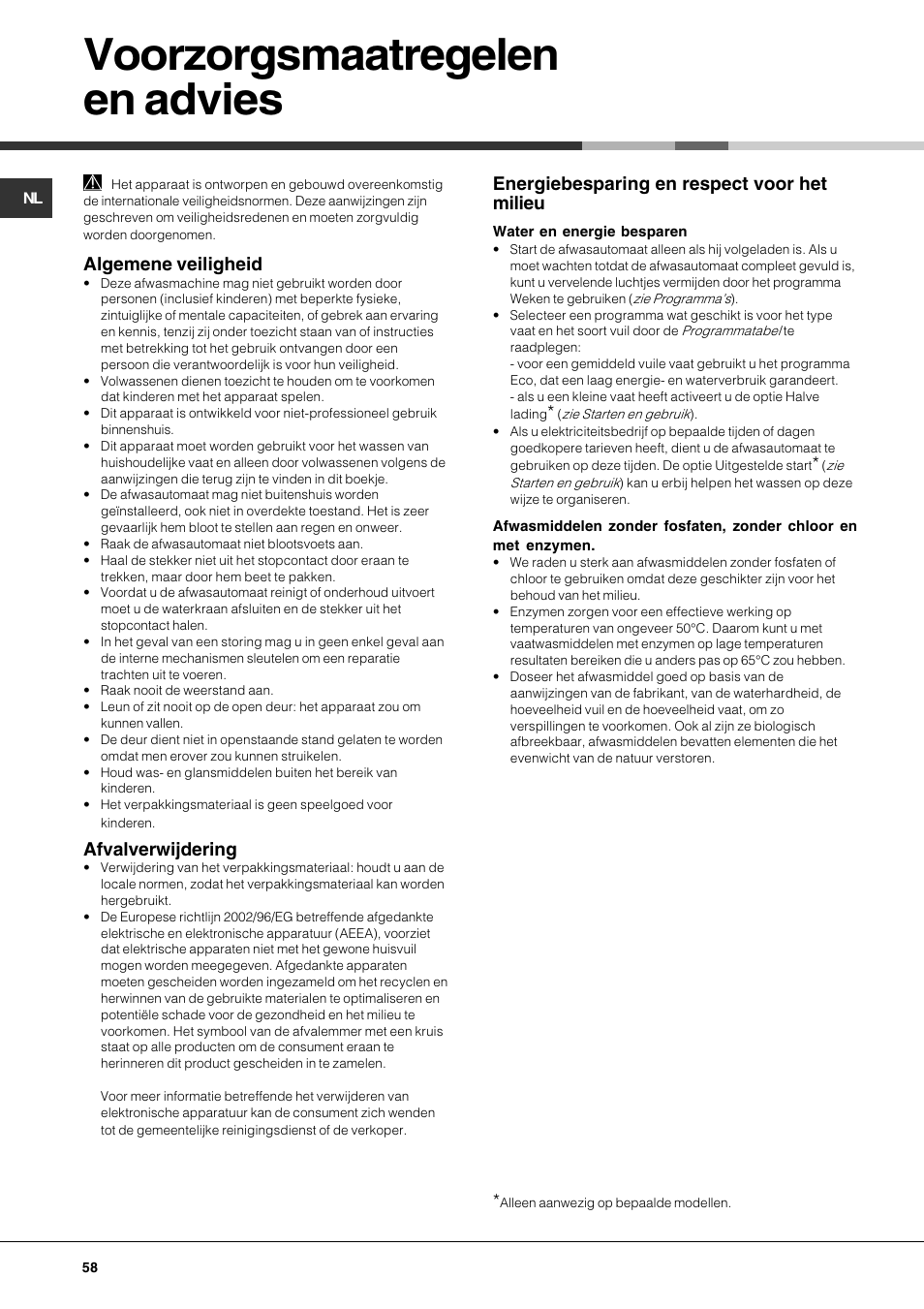 Voorzorgsmaatregelen en advies, Algemene veiligheid, Afvalverwijdering | Energiebesparing en respect voor het milieu | Hotpoint Ariston LFS 115 A IX-HA User Manual | Page 58 / 84