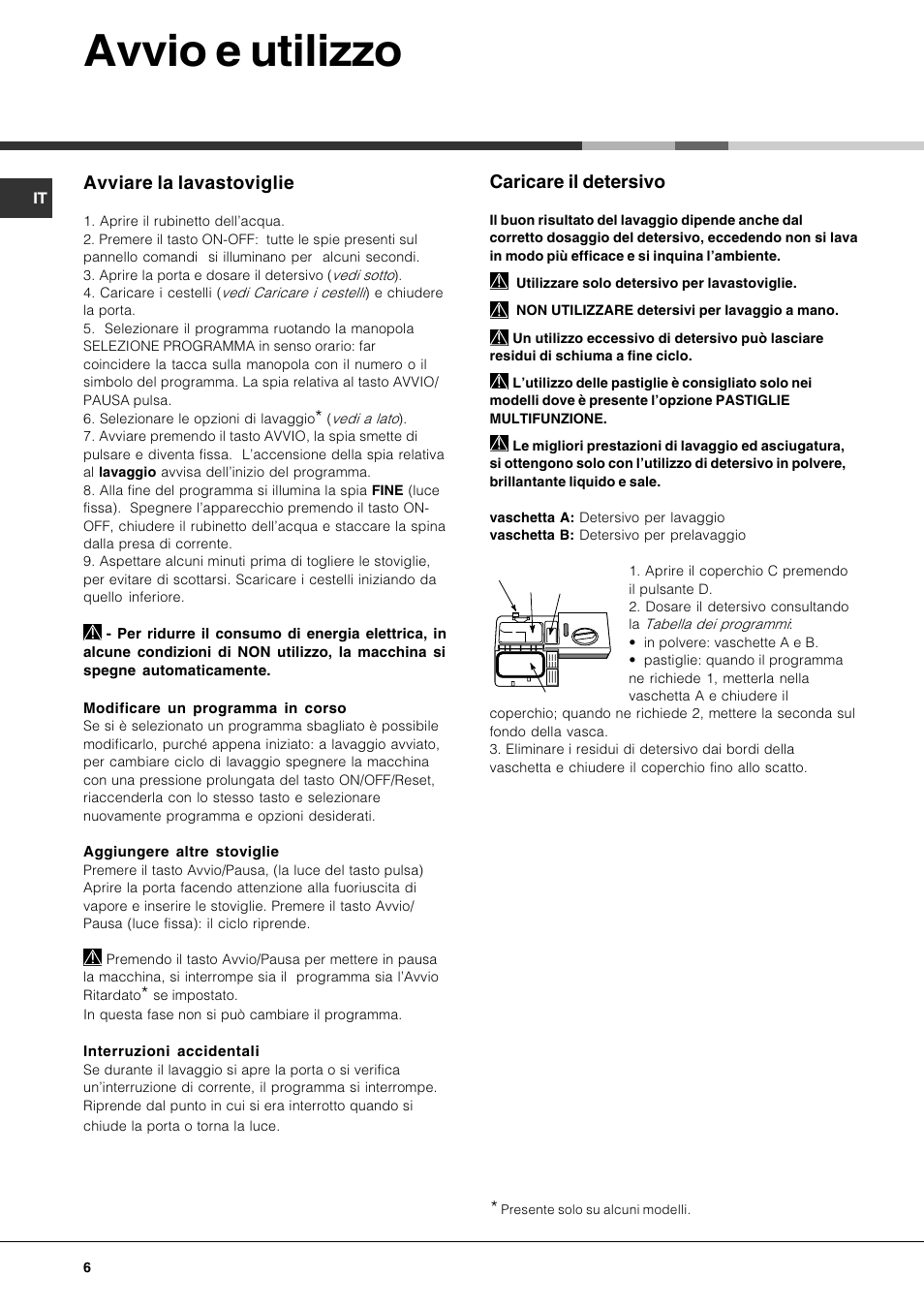 Avvio e utilizzo, Avviare la lavastoviglie, Caricare il detersivo | Hotpoint Ariston LFS 115 A IX-HA User Manual | Page 6 / 84