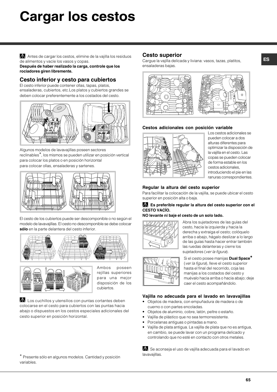 Cargar los cestos, Cesto superior, Cesto inferior y cesto para cubiertos | Hotpoint Ariston LFS 115 A IX-HA User Manual | Page 65 / 84