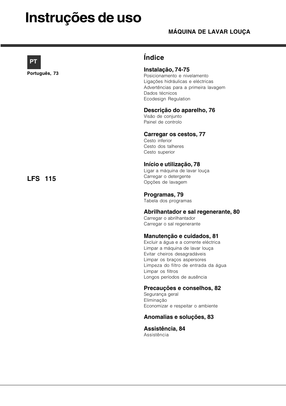 Instruções de uso, Índice, Lfs 115 | Hotpoint Ariston LFS 115 A IX-HA User Manual | Page 73 / 84