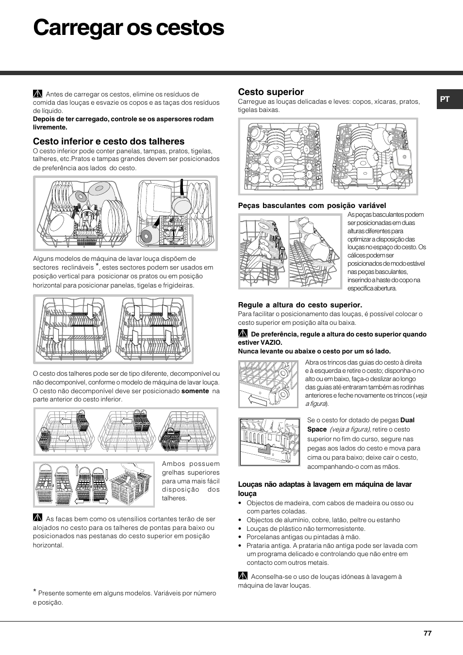 Carregar os cestos, Cesto inferior e cesto dos talheres, Cesto superior | Hotpoint Ariston LFS 115 A IX-HA User Manual | Page 77 / 84