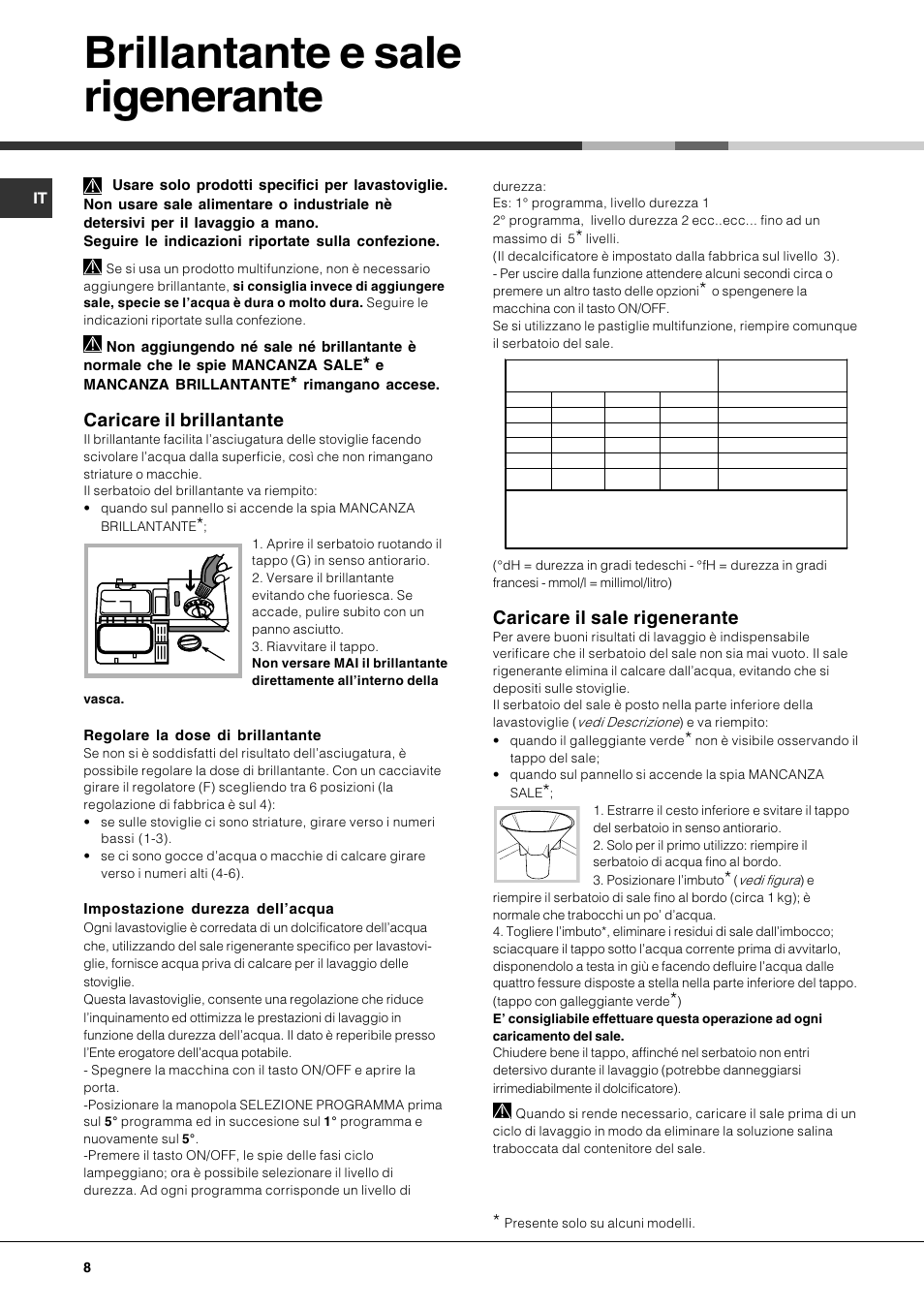 Brillantante e sale rigenerante, Caricare il brillantante, Caricare il sale rigenerante | Hotpoint Ariston LFS 115 A IX-HA User Manual | Page 8 / 84