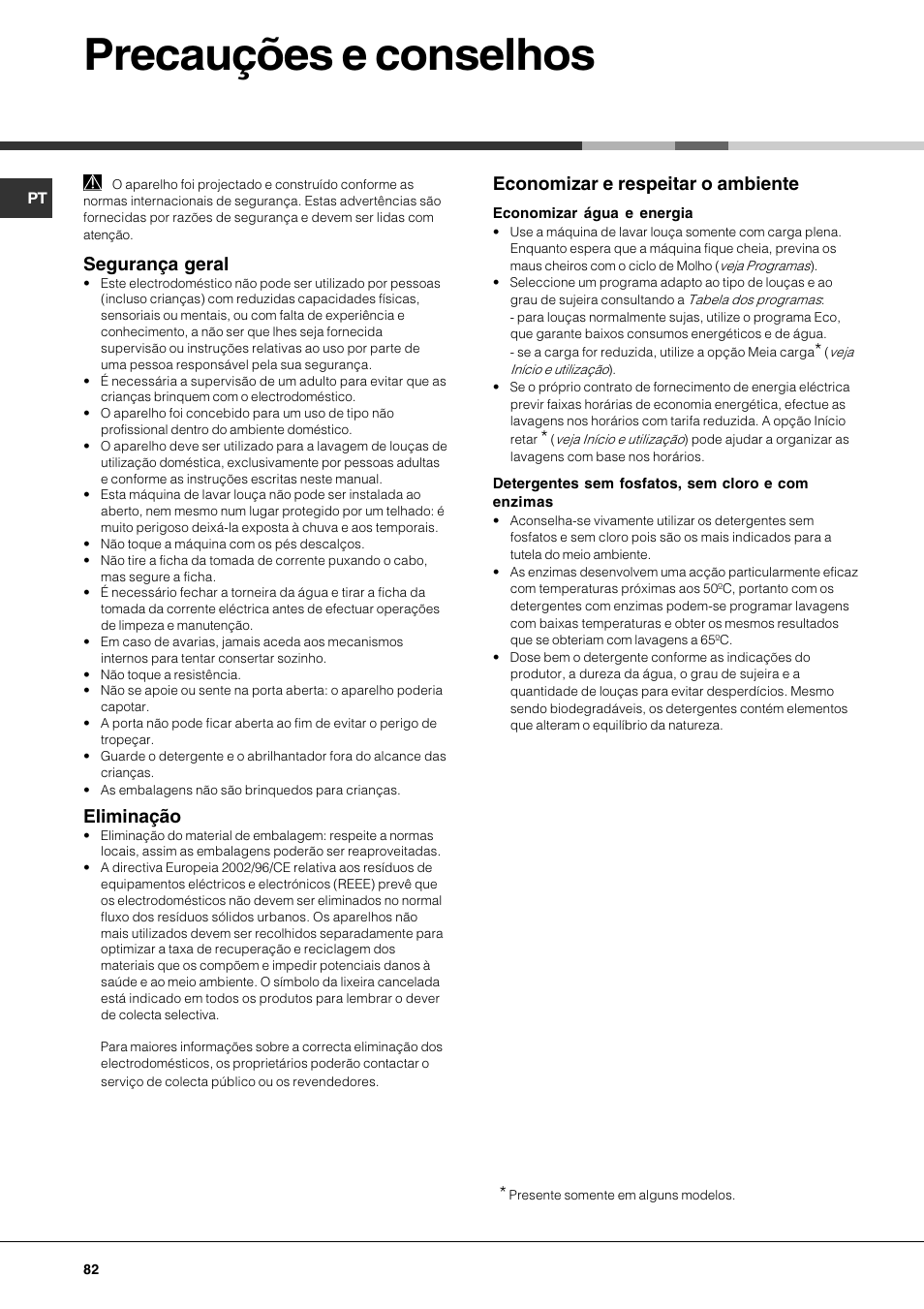 Precauções e conselhos, Segurança geral, Eliminação | Economizar e respeitar o ambiente | Hotpoint Ariston LFS 115 A IX-HA User Manual | Page 82 / 84