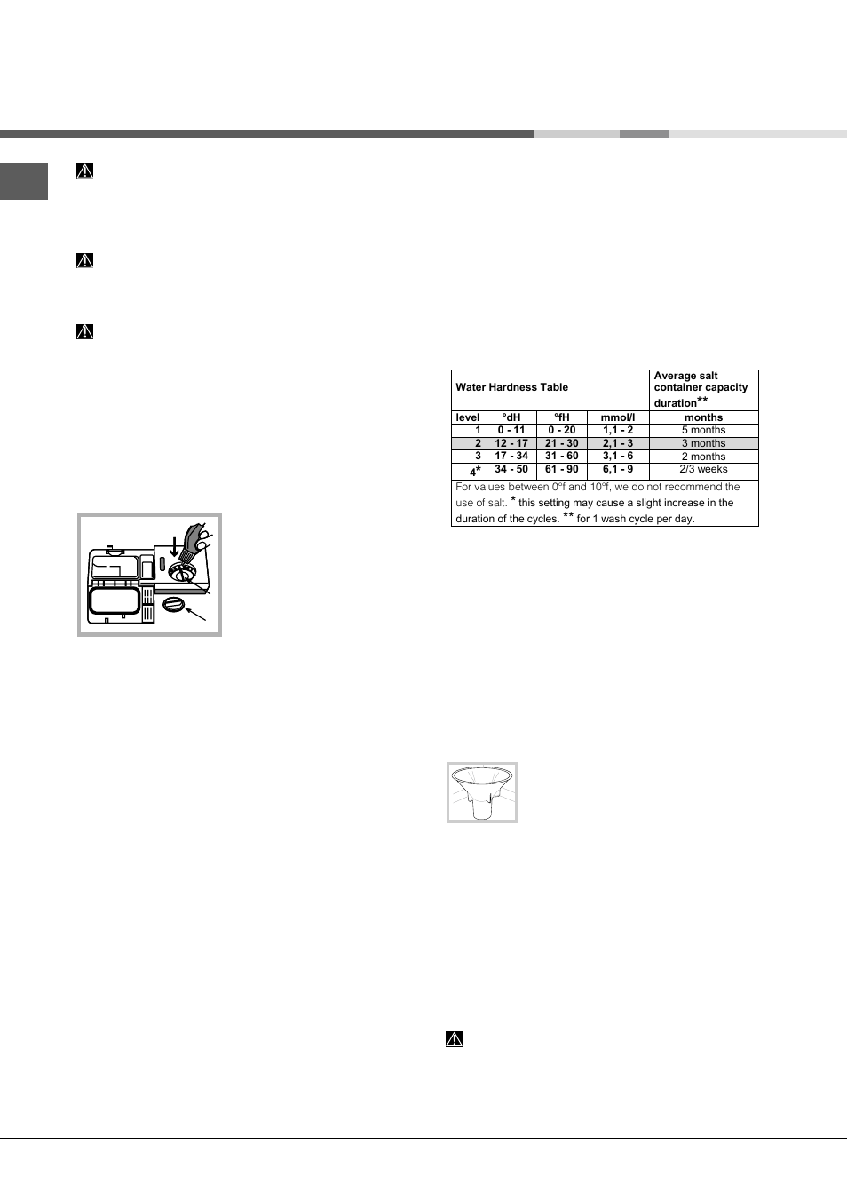 Rinse aid and refined salt, Measuring out the rinse aid, Measuring out the refined salt | Hotpoint Ariston LST 114-HA User Manual | Page 20 / 84