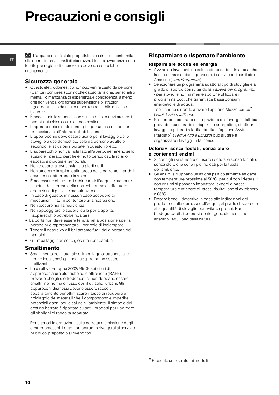 Precauzioni e consigli, Sicurezza generale, Smaltimento | Risparmiare e rispettare lambiente | Hotpoint Ariston LFS 114 BK-HA User Manual | Page 10 / 84