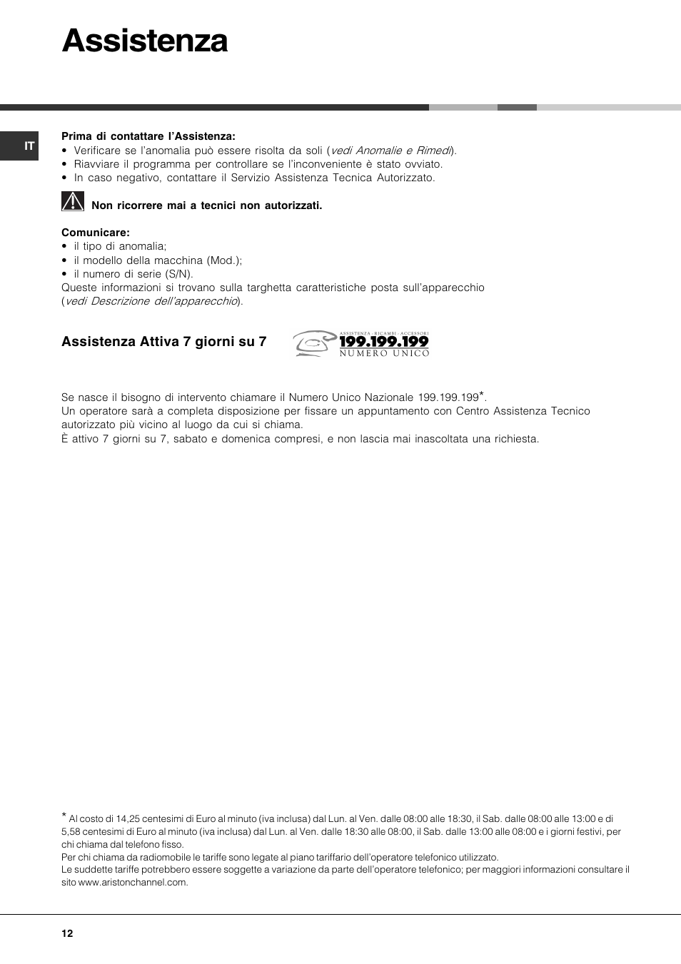 Assistenza | Hotpoint Ariston LFS 114 BK-HA User Manual | Page 12 / 84