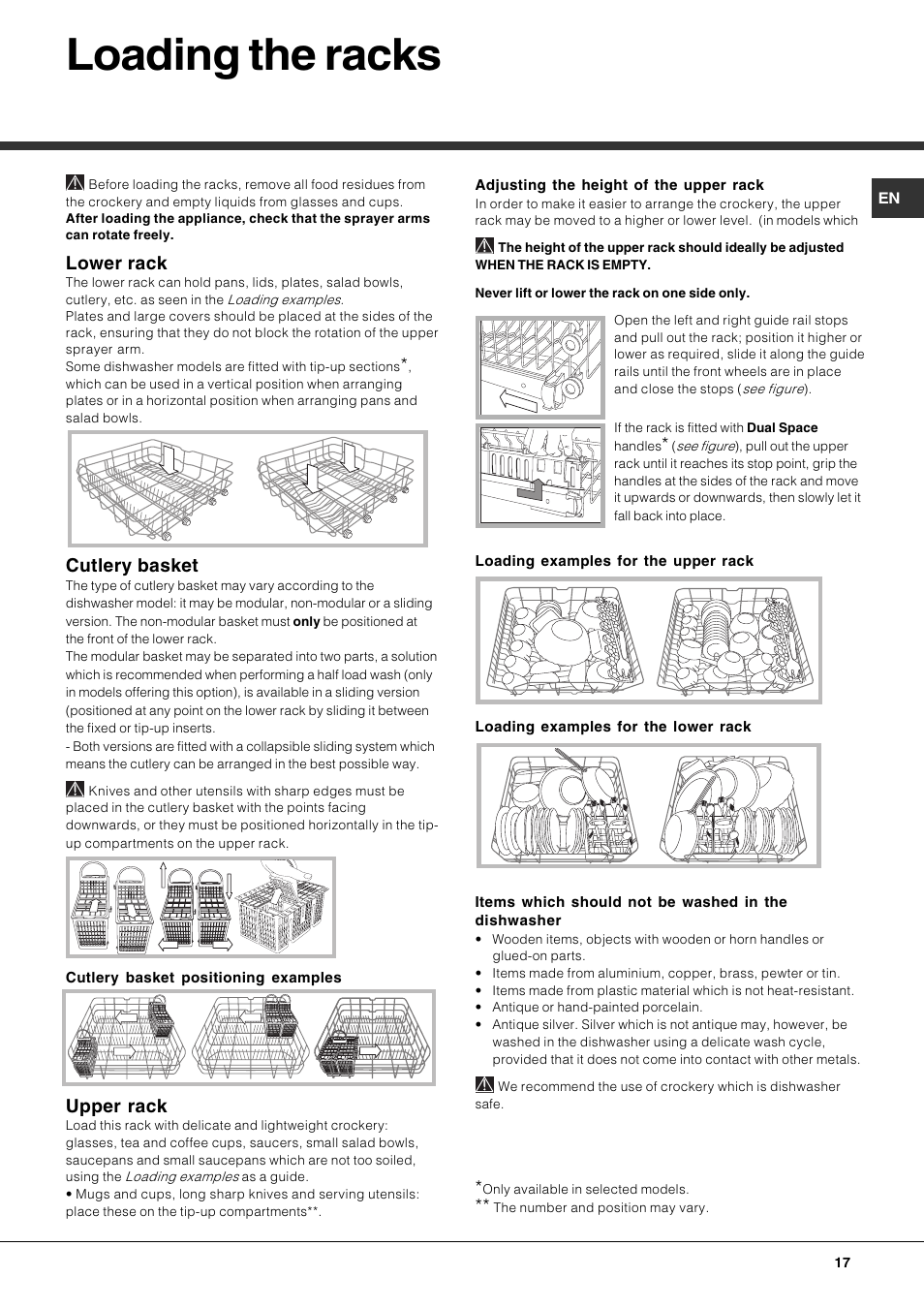Loading the racks, Lower rack, Cutlery basket | Upper rack | Hotpoint Ariston LFS 114 BK-HA User Manual | Page 17 / 84