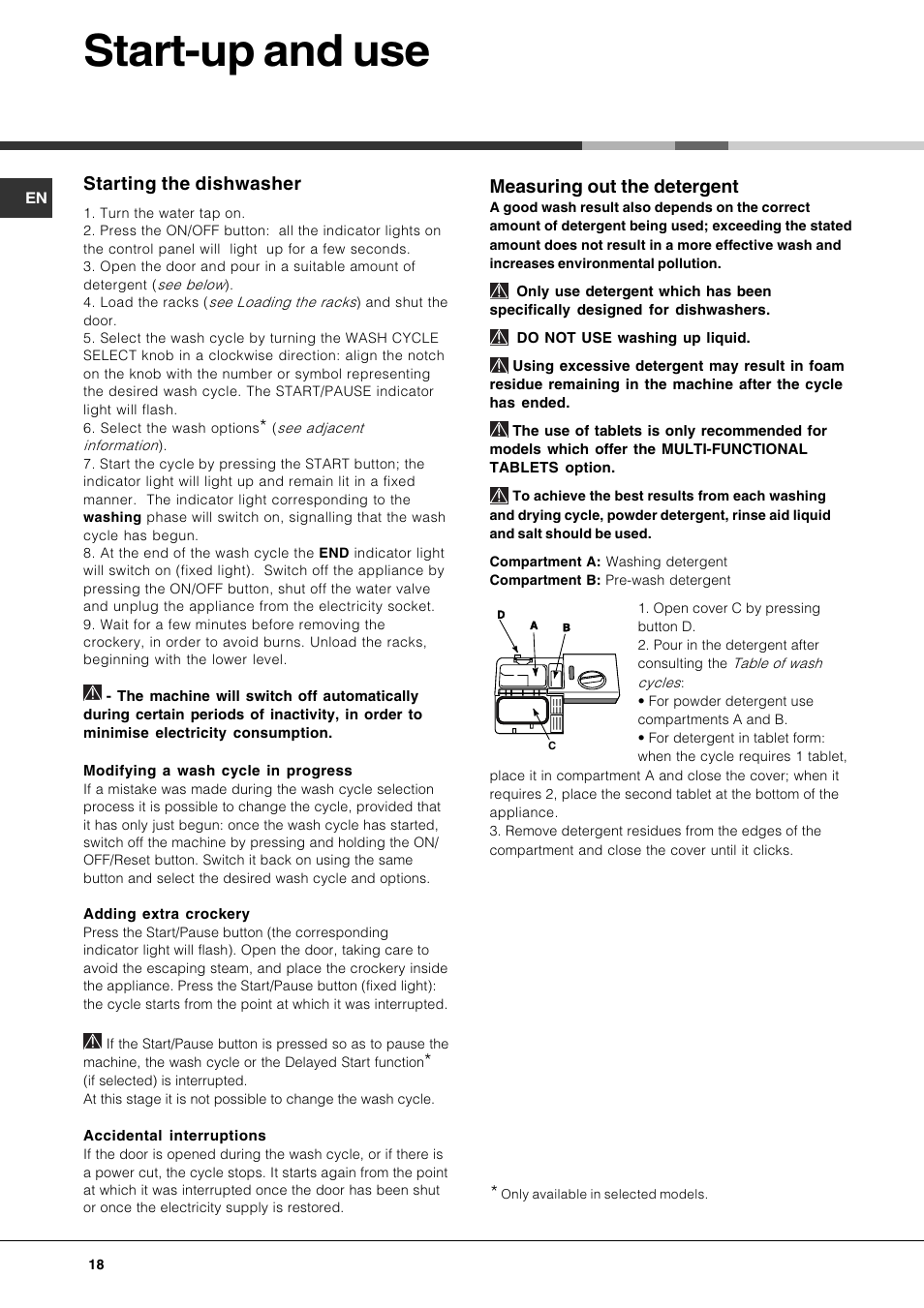 Start-up and use, Measuring out the detergent, Starting the dishwasher | Hotpoint Ariston LFS 114 BK-HA User Manual | Page 18 / 84