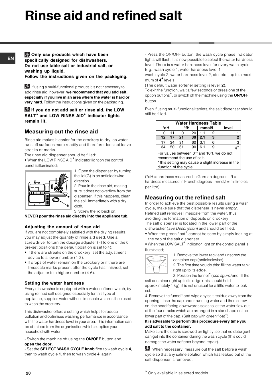 Rinse aid and refined salt, Measuring out the rinse aid, Measuring out the refined salt | Hotpoint Ariston LFS 114 BK-HA User Manual | Page 20 / 84