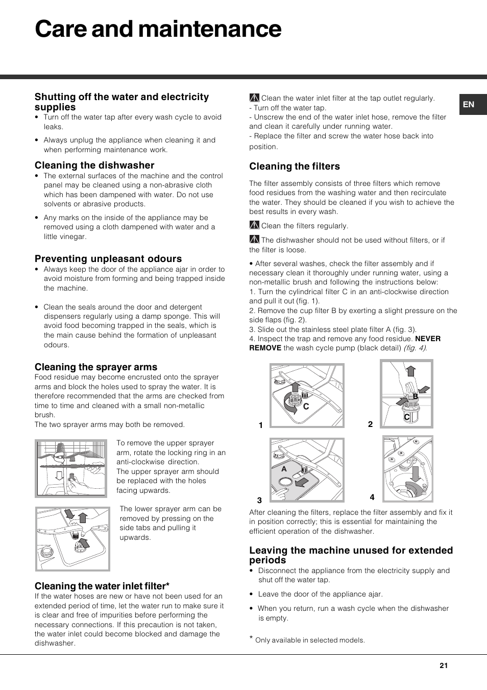Care and maintenance, Shutting off the water and electricity supplies, Cleaning the dishwasher | Preventing unpleasant odours, Cleaning the sprayer arms, Cleaning the water inlet filter, Cleaning the filters, Leaving the machine unused for extended periods | Hotpoint Ariston LFS 114 BK-HA User Manual | Page 21 / 84