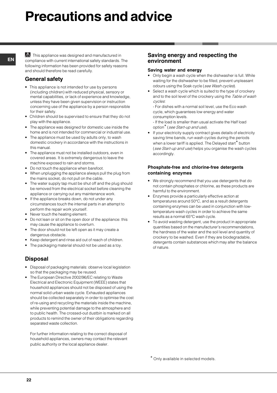 Precautions and advice, General safety, Disposal | Saving energy and respecting the environment | Hotpoint Ariston LFS 114 BK-HA User Manual | Page 22 / 84