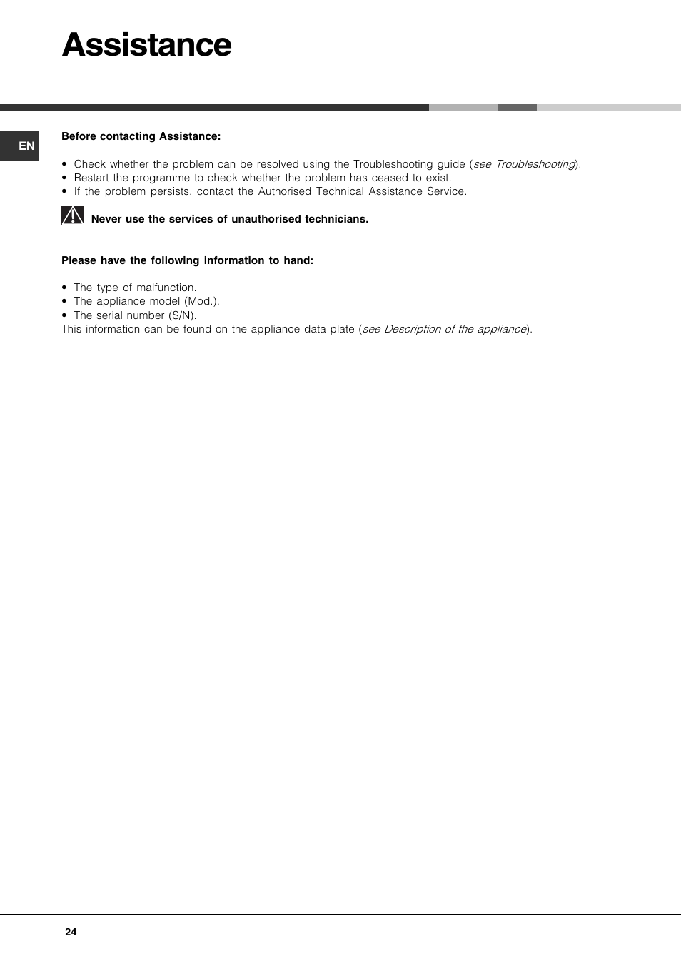 Assistance | Hotpoint Ariston LFS 114 BK-HA User Manual | Page 24 / 84