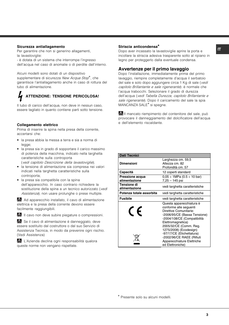 Avvertenze per il primo lavaggio | Hotpoint Ariston LFS 114 BK-HA User Manual | Page 3 / 84