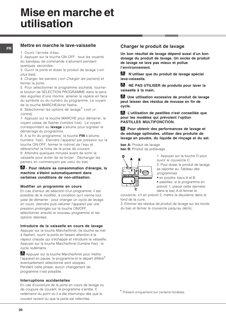 Mise en marche et utilisation, Charger le produit de lavage, Mettre en marche le lave-vaisselle | Hotpoint Ariston LFS 114 BK-HA User Manual | Page 30 / 84