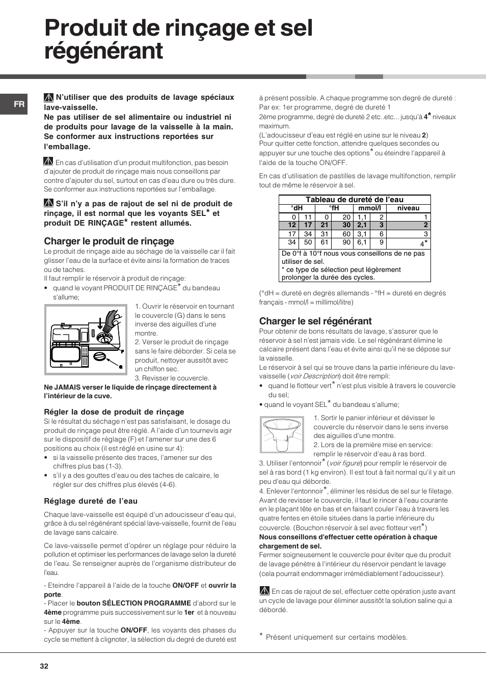 Produit de rinçage et sel régénérant, Charger le produit de rinçage, Charger le sel régénérant | Hotpoint Ariston LFS 114 BK-HA User Manual | Page 32 / 84