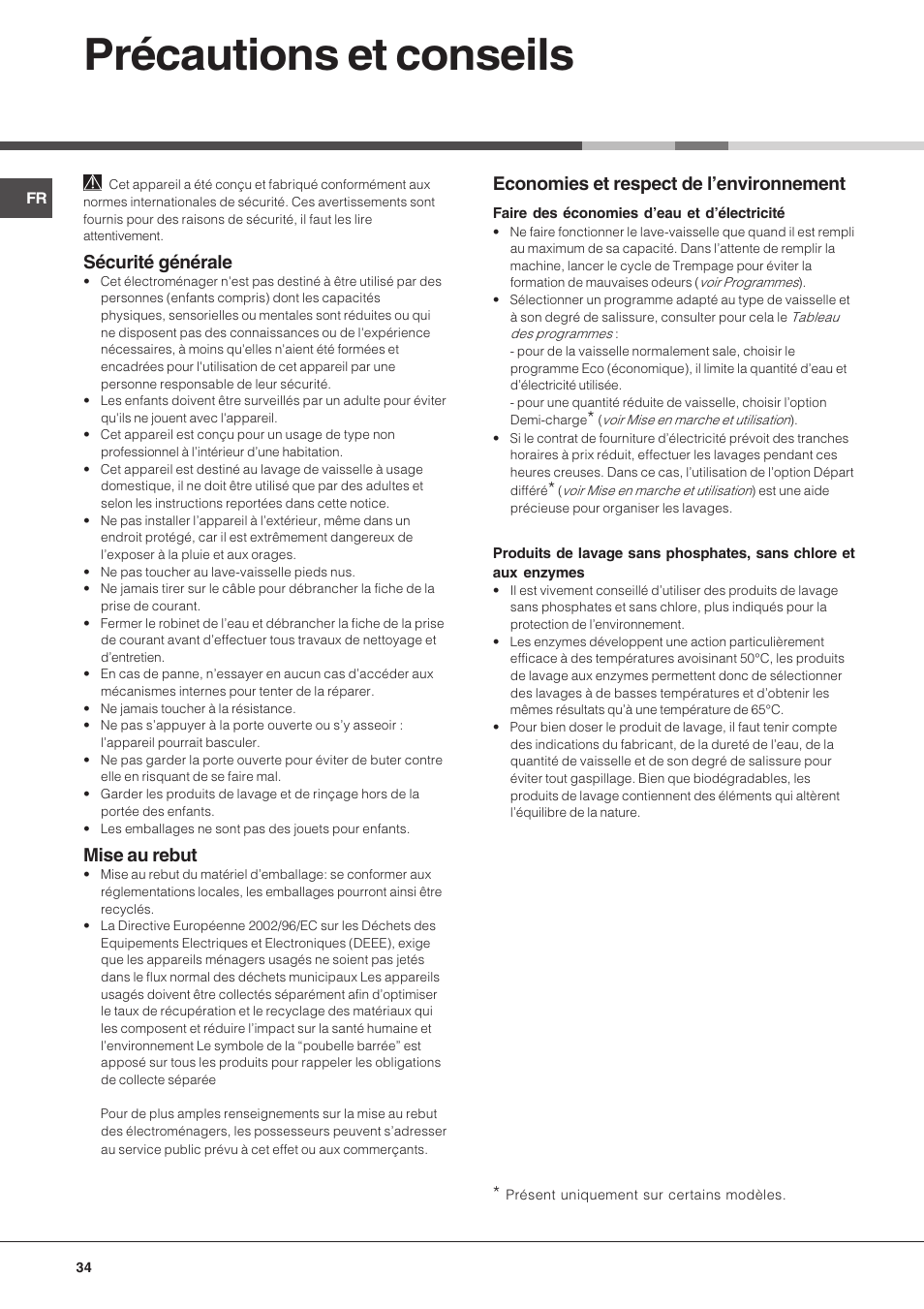 Précautions et conseils, Sécurité générale, Mise au rebut | Economies et respect de lenvironnement | Hotpoint Ariston LFS 114 BK-HA User Manual | Page 34 / 84