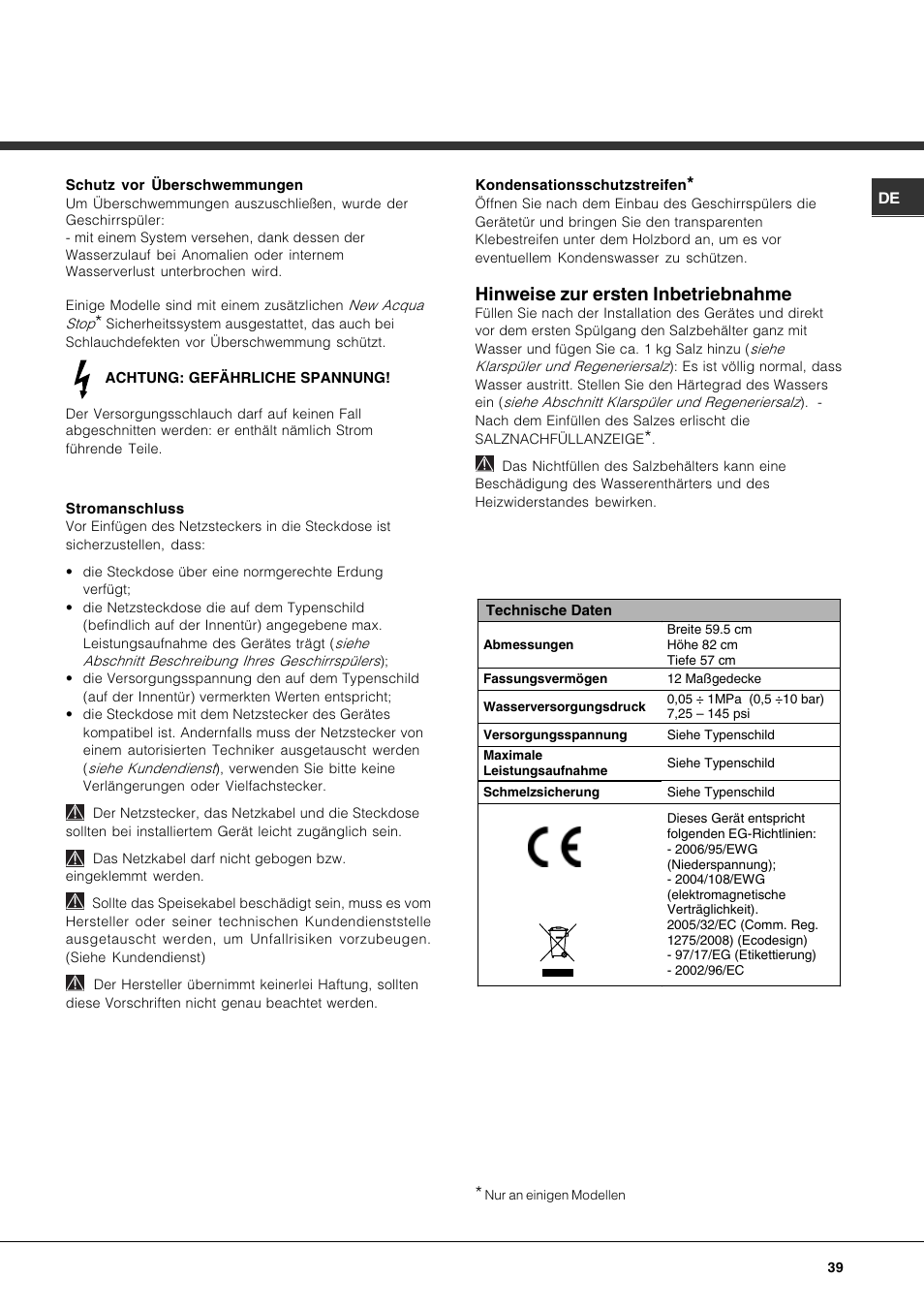 Hinweise zur ersten inbetriebnahme | Hotpoint Ariston LFS 114 BK-HA User Manual | Page 39 / 84