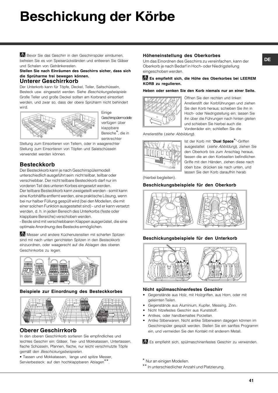 Beschickung der körbe, Unterer geschirrkorb, Besteckkorb | Oberer geschirrkorb | Hotpoint Ariston LFS 114 BK-HA User Manual | Page 41 / 84