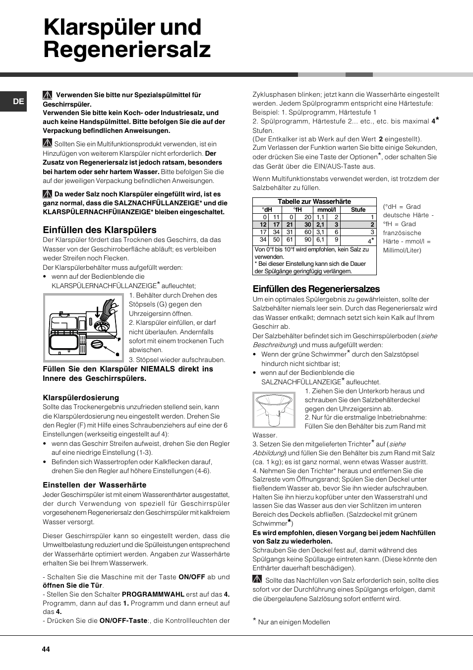 Klarspüler und regeneriersalz, Einfüllen des klarspülers, Einfüllen des regeneriersalzes | Hotpoint Ariston LFS 114 BK-HA User Manual | Page 44 / 84