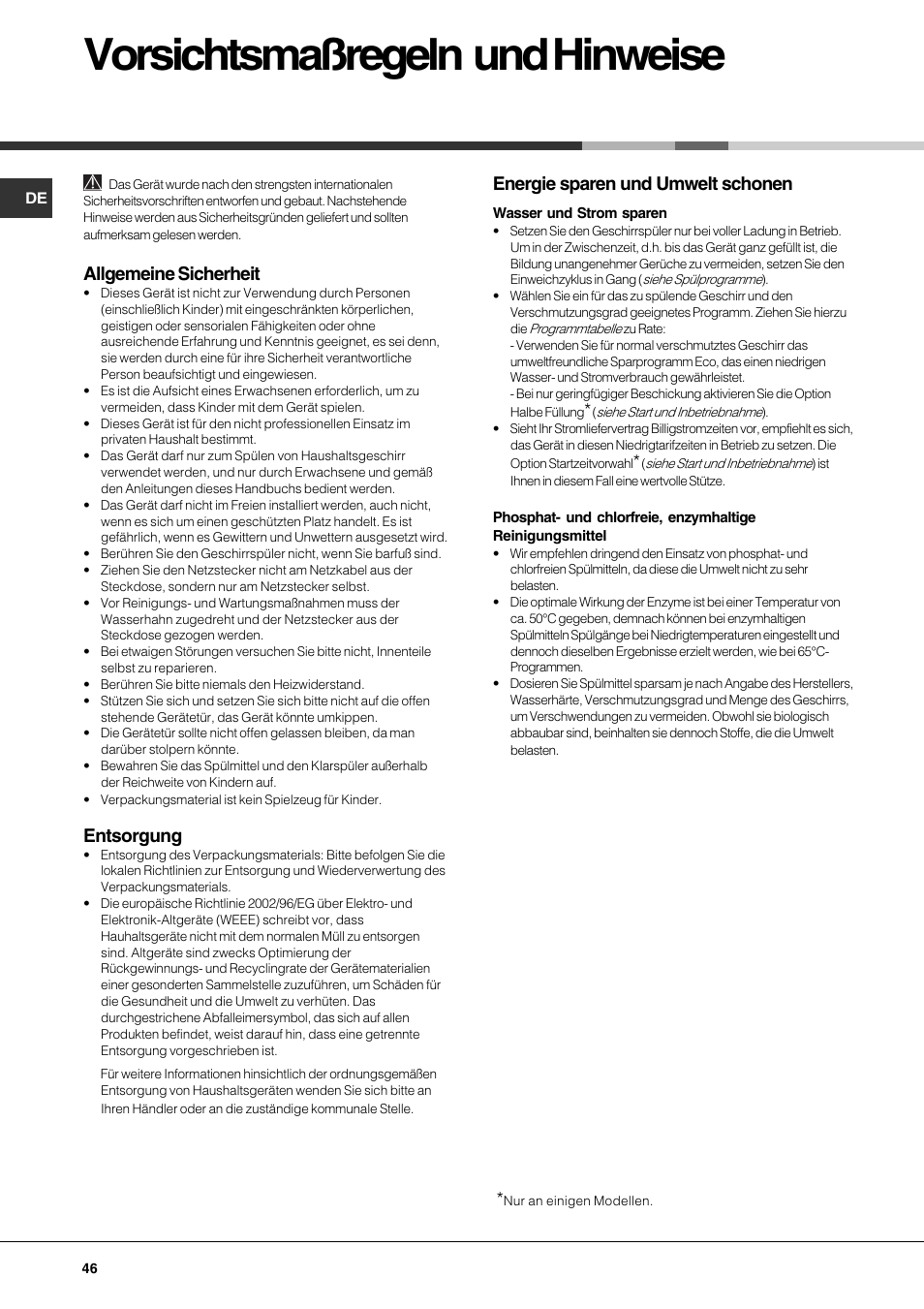 Vorsichtsmaßregeln und hinweise, Allgemeine sicherheit, Entsorgung | Energie sparen und umwelt schonen | Hotpoint Ariston LFS 114 BK-HA User Manual | Page 46 / 84