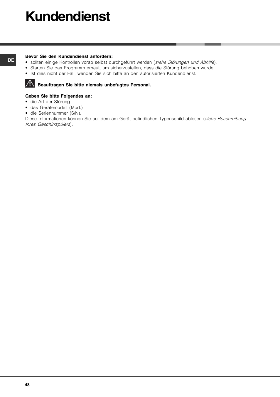 Kundendienst | Hotpoint Ariston LFS 114 BK-HA User Manual | Page 48 / 84