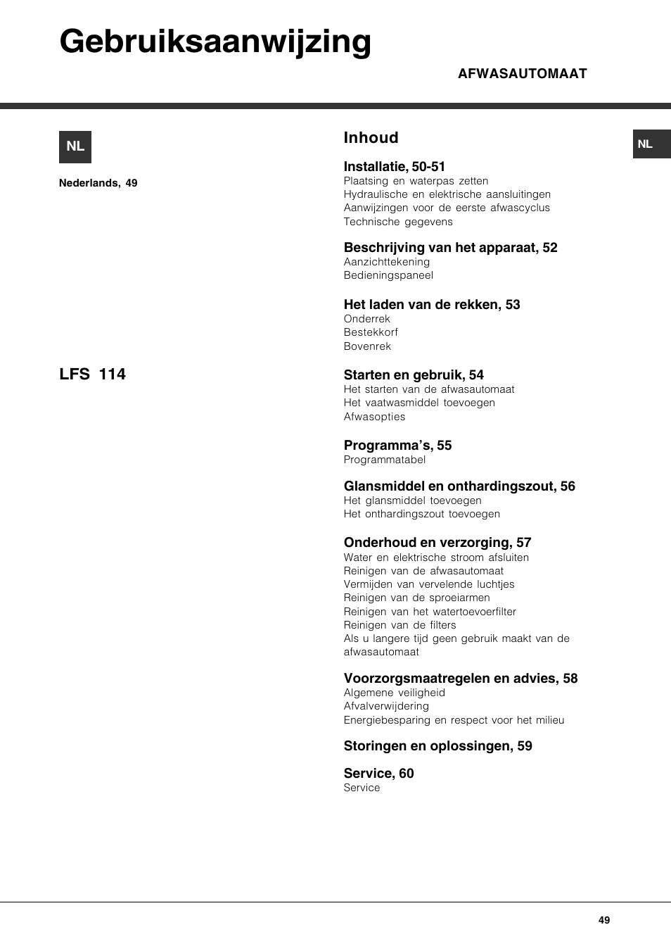 Gebruiksaanwijzing, Inhoud, Lfs 114 | Hotpoint Ariston LFS 114 BK-HA User Manual | Page 49 / 84