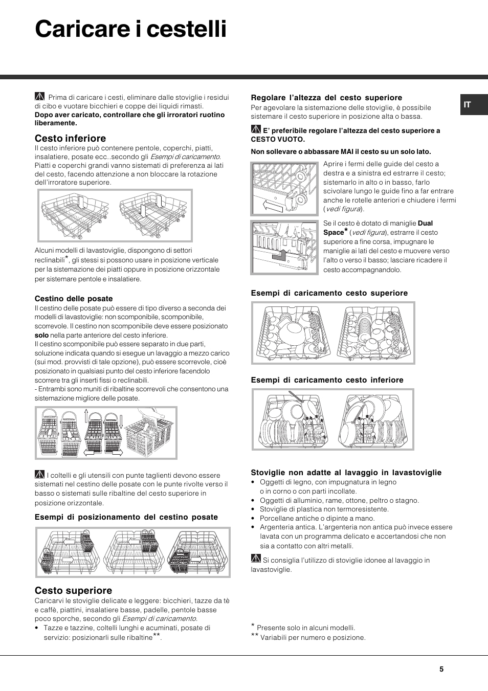 Caricare i cestelli, Cesto inferiore, Cesto superiore | Hotpoint Ariston LFS 114 BK-HA User Manual | Page 5 / 84